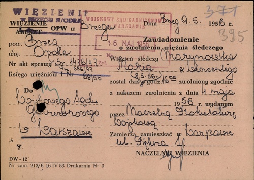 Zawiadomienie o zwolnieniu Marii Marynowskiej z więzienia w Brzegu