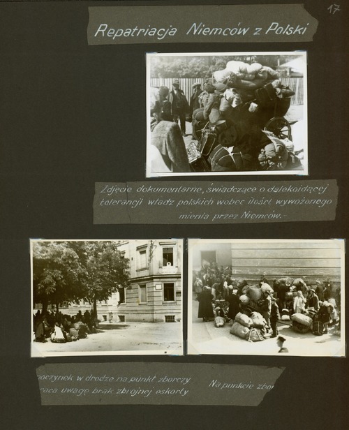 Strona z albumu Państwowego Urzędu Repatriacyjnego, Oddziału Katowice, poświęcona powojennej „repatriacji” Niemców zamieszkałych na Górnym Śląsku. Zgodnie z obowiązującą propagandą, podkreślony został dobrostan wysiedlanych – możliwość zabrania przez nich dobytku i brak eskorty wojskowej. Górny Śląsk, 1945–1946 (z zasobu AIPN)