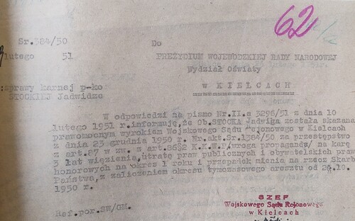Pismo informujące o skazaniu Jadwigi Stockiej