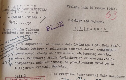 Pismo informujące o wydaleniu Jadwigi Stockiej z państwowej służby nauczycielskiej