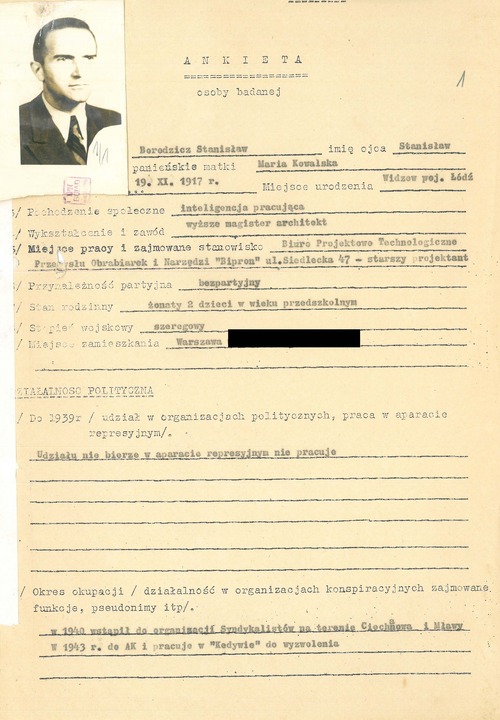 Ankieta osoby badanej dotycząca Stanisława Borodzicza, 1964 r. (z zasobu IPN)