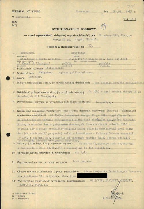 Kwestionariusz osobowy na członka nielegalnej organizacji dot. Stanisława Borodzicza ps. „Wara”, „Zarzyca” (z zasobu IPN)