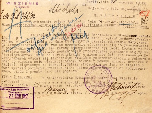 Opinia o zachowaniu więźnia Stanisława Borodzicza, wydana przez naczelnika więzienia w Rawiczu, 20 VI 1952 r. (z zasobu IPN)