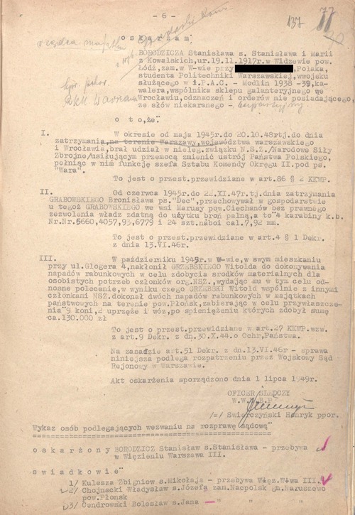 Fragment aktu oskarżenia przeciwko Stanisławowi Borodziczowi, 1 VII 1949 r. (z zasobu IPN)
