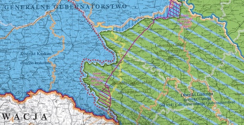 Przemyśl i okolice we fragmencie mapy ściennej „Polska 1939-1945 – podziały administracyjne”, wyd. IPN (2013)