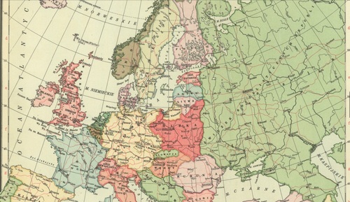 Mapa polityczna Europy na jednej ze stron <i>Powszechnego atlasu geograficznego</i> Eugeniusza Romera z 1939 r. (ze zbiorów Biblioteki Narodowej)
