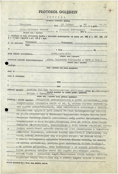 Protokół oględzin pomnika Feliksa Dzierżyńskiego stojącego na pl. Dzierżyńskiego w Warszawie po akcji kryptonim Cokół, 10 II 1982 r. (z zasobu IPN)