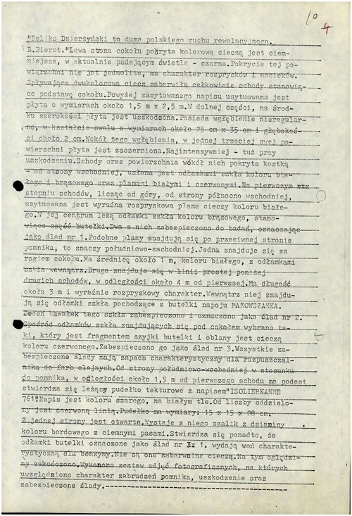 Protokół oględzin pomnika Feliksa Dzierżyńskiego stojącego na pl. Dzierżyńskiego w Warszawie po akcji kryptonim Cokół, 10 II 1982 r. (z zasobu IPN)