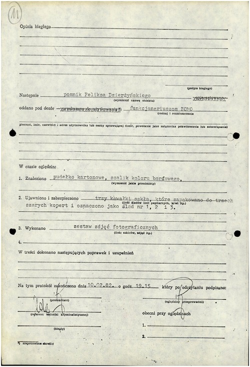 Protokół oględzin pomnika Feliksa Dzierżyńskiego stojącego na pl. Dzierżyńskiego w Warszawie po akcji kryptonim Cokół, 10 II 1982 r. (z zasobu IPN)