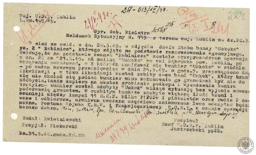 Meldunek szefa WUBP w Lublinie ppłk. Artura Jastrzębskiego w sprawie likwidacji kpt. Zdzisława Brońskiego „Uskoka” (fot. z zasobu AIPN)