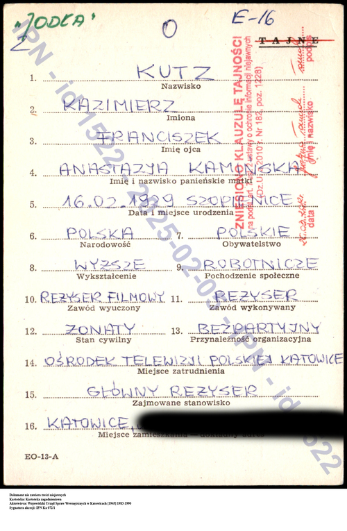 Karta z kartoteki zagadnieniowej WUSW w Katowicach (z zasobu IPN)