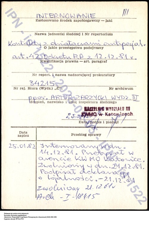 Karta z kartoteki zagadnieniowej WUSW w Katowicach (z zasobu IPN)