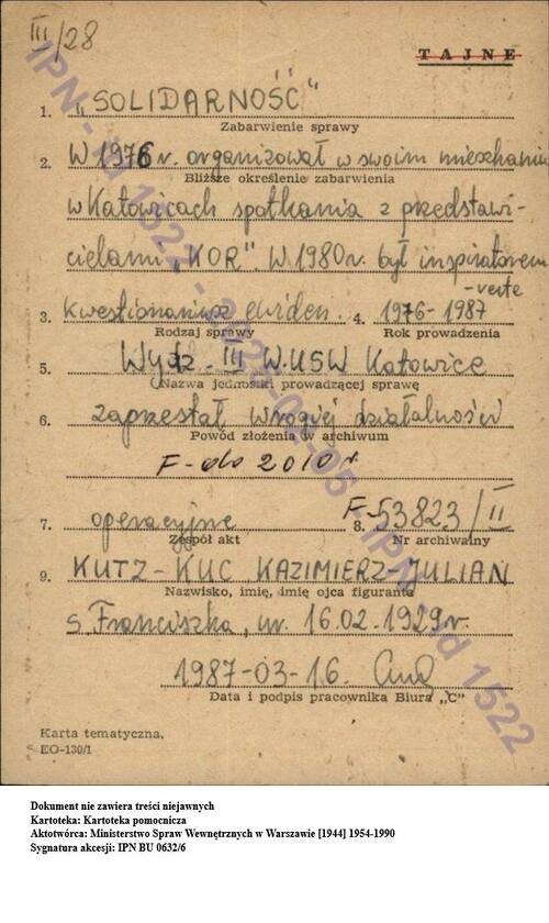 Karta z kartoteki pomocniczej Biura „C” MSW dot. osób powiązanych z NSZZ „Solidarność” (z zasobu IPN)