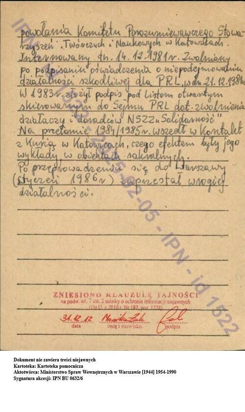 Karta z kartoteki pomocniczej Biura C MSW