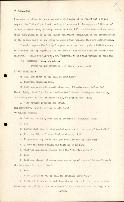 Zeznanie Seweryny Marii Szmaglewskiej przed Międzynarodowym Trybunałem Wojskowym w Norymberdze