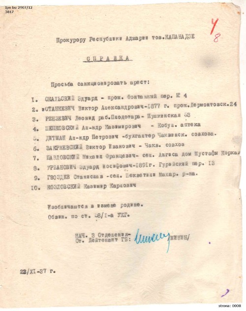 Prośba naczelnika 3. Wydziału NKWD Adżarii starszego lejtnanta Bezpieczeństwa Państwowego Minina z 23 listopada 1937 r. do prokuratora Republiki Adżarii Kapanadze o wyrażenie zgody na aresztowanie 10 Polaków w zdradę Ojczyzny (Wiktor Zakrzewski wymieniony pod poz. 6). Dokument pochodzi z akt pozyskanych do zasobu IPN z Archiwum MSW Gruzji