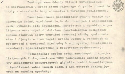 Fragment pisma Komendy Głównej MO skierowanego do dowódców poszczególnych odwodców ZOMO w pierwszą rocznicę wprowadzenia stanu wojennego (z zasobu IPN)