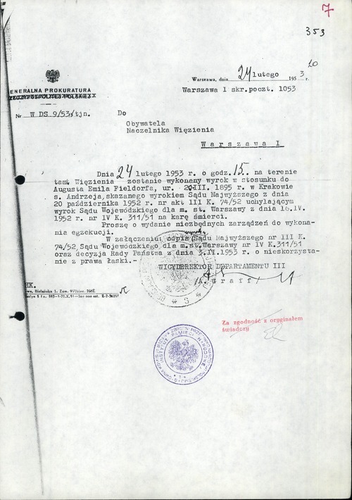 Pismo Alicji Graff z Prokuratury Generalnej do naczelnika więzienia przy ul. Rakowieckiej Alojzego Grabickiego „o wydanie niezbędnych zarządzeń do wykonania egzekucji” gen. Emila Fieldorfa (z zasobu AIPN)