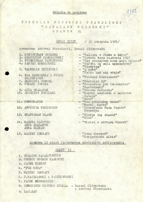 Lista uczestników konkursu I Przeglądu Piosenki Prawdziwej „Zakazane Piosenki”, sierpień 1981 r. (z zasobu IPN)