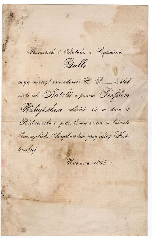 Zaproszenie na ślub Teofila i Natalii, 1885 rok