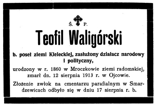 Nekrolog Teofila Waligórskiego zamieszczony w miesięczniku Przegląd Narodowy, 1913 rok