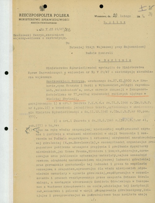 Pismo z Ministerstwa Sprawiedliwości do Polskiej Misji Wojskowej przy Sojuszniczej Radzie Kontroli Niemiec w Berlinie w sprawie ekstradycji Henryka Szatkowskiego