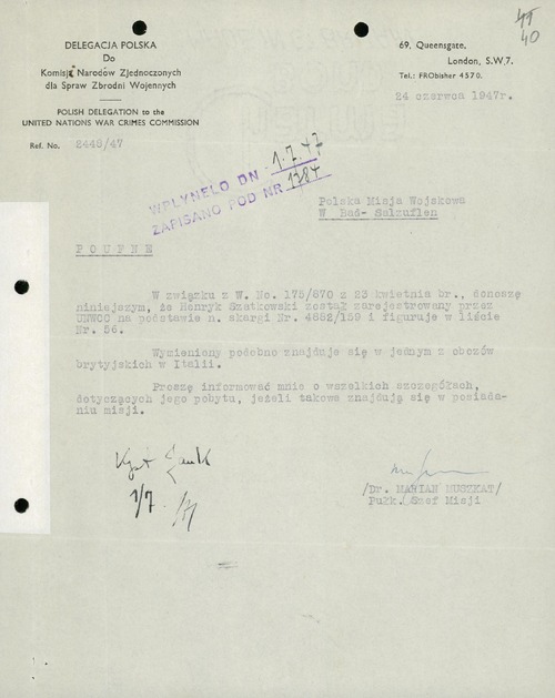 Pismo szefa Polskiej Misji Wojskowej oraz delegata do Komisji Narodów Zjednoczonych ds. Zbrodni Wojennych do podlegającej mu Polskiej Misji Wojskowej w brytyjskiej strefie okupacyjnej w Bad Salzuflen
