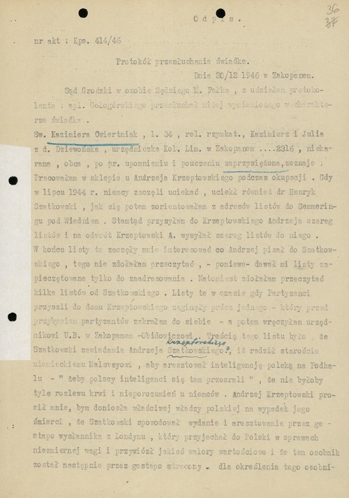 Odpis protokołu przesłuchania świadka Kazimiery Cwiertniak składającej zeznanie w sprawie Henryka Szatkowskiego