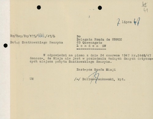 Pismo zastępcy szefa Polskiej Misji Wojskowej w Bad Salzuflen do polskiego delegata do Komisji Narodów Zjednoczonych ds. Zbrodni Wojennych