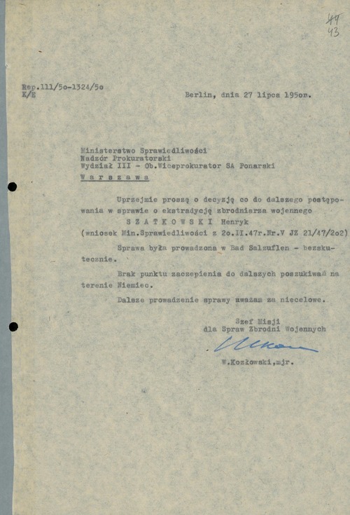 Pismo szefa Polskiej Misji Wojskowej w Berlinie do Ministerstwa Sprawiedliwości w sprawie zaniechania dalszych poszukiwań Henryka Szatkowskiego