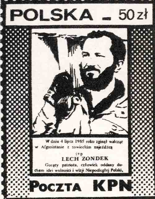 Znaczek okolicznościowy upamiętniający śmierć L. Zondka - Polaka walczącego przeciwko wojskom sowieckim w Afganistanie. Z zasobu AIPN