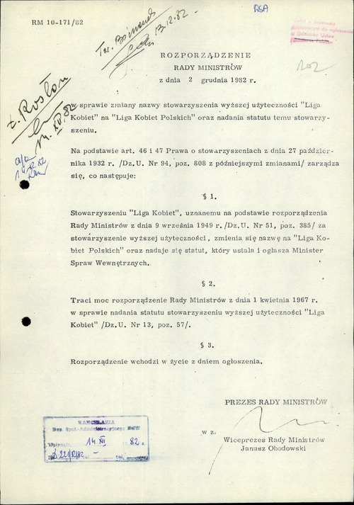Rozporządzenie Rady Ministrów w sprawie zmiany nazwy organizacji Liga Kobiet na Liga Kobiet Polskich z 2 grudnia 1982 r. (Z zasobu AIPN)