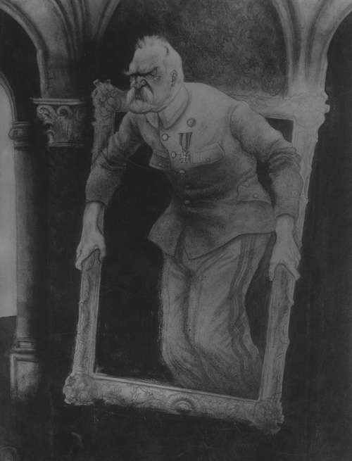 Karykatura Zdzisława Czermańskiego „Marszałek Piłsudski w ramach Konstytucji 17-go marca” (fot. z zasobu NAC)