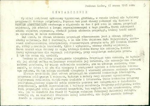 Oświadczenie uczestników protestu głodowego, 17 marca 1985 roku