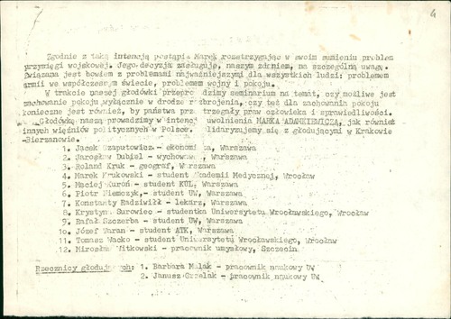 Oświadczenie uczestników protestu głodowego, 17 marca 1985 roku