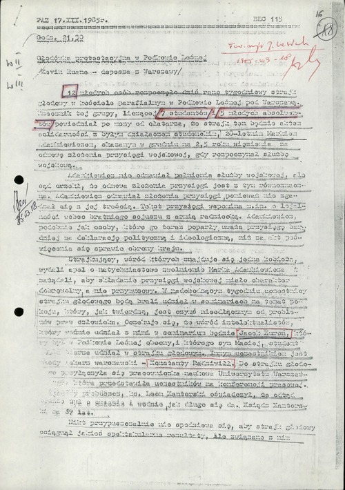 Depesza dotycząca podjęcia głodówki w Podkowie Leśnej, 17 marca 1985 r. (z zasobu IPN)