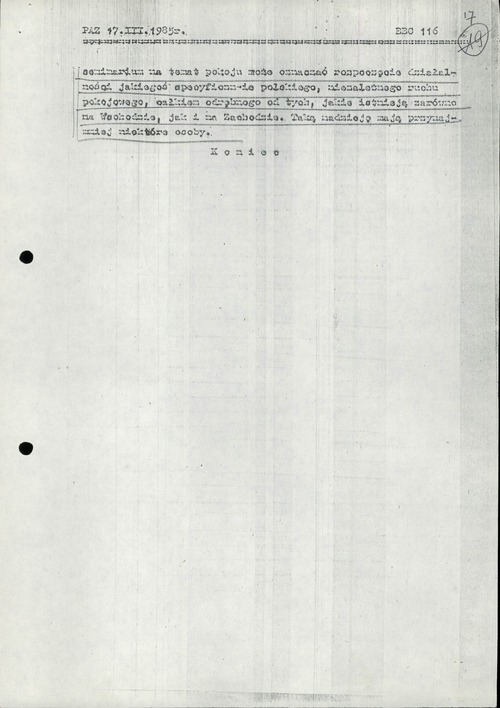 Depesza dotycząca podjęcia głodówki w Podkowie Leśnej, 17 marca 1985 r. (z zasobu IPN)