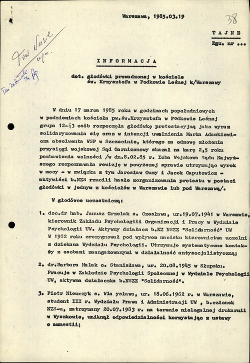 Informacja Departamentu III MSW dotycząca głodówki w Podkowie Leśnej, 19 marca 1985 roku