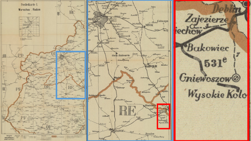 Gniewoszów na niemieckiej mapie prezentującej części dystryktu warszawskiego i radomskiego Generalnego Gubernatorstwa 1942 r. (ze zbiorów Biblioteki Narodowej)