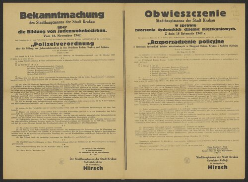 Niemieckie obwieszczenie dotyczące tworzenia okupacyjnych gett dla Żydów, 18 listopada 1942 r. (ze zbiorów Biblioteki Narodowej)