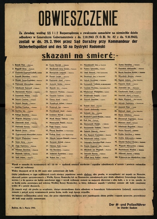 Niemieckie obwieszczenie dotyczące wyroków śmierci wydanych przez administrację sądową dystryktu radomskiego GG, 1 marca 1944 r. (ze zbiorów Biblioteki Narodowej)