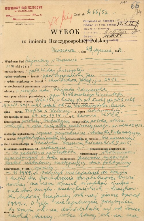 Pierwsza strona wyroku WSR w Warszawie dotyczącego Marii Wszelaczyńskiej-Szaszkiewicz, 29 I 1952 r. (z zasobu IPN)