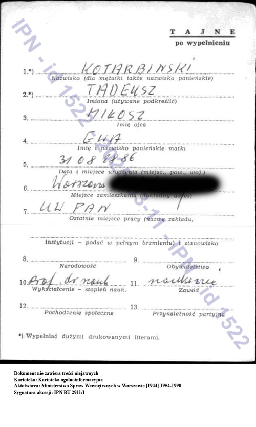 Karta z kartoteki ogólnoinformacyjnej dot. Tadeusza Kotarbińskiego (z zasobu IPN)