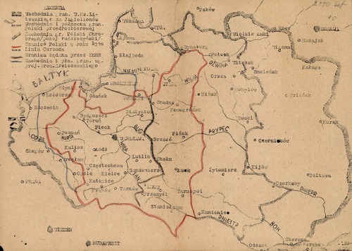 Mapa przedstawiająca kształtowanie się granic Polski od czasów Bolesława Chrobrego. Z depozytu Tadeusza Szturm de Sztrema, wybitnego działacza polskiej lewicy niepodległościowej (PPS), więzionego przez reżim komunistyczny po 1945 r. Ze zbiorów AIPN