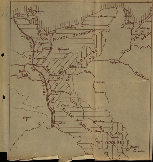 Szlakiem Bolesławów: mapa postulowanego w okresie II wojny światowej przez polski obóz narodowy powrotu Polski na stare, piastowskie ziemie. Załącznik do wydanej konspiracyjnie w 1941 r. pracy Lecha Neymana „Szaniec Bolesławów”. Ze zbiorów AIPN