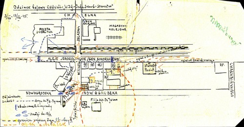 Powstanie Warszawskie, szkic sytuacyjny z rejonu walk Zgrupowania AK „Chrobry II”, pierwsza połowa sierpnia 1944 r. Z depozytu, walczącego w tym zgrupowaniu, Witolda Pileckiego. Ze zbiorów AIPN