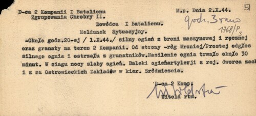 Ostatni dzień Powstania Warszawskiego. Meldunek sytuacyjny rtm. „Witolda” z odcinka walk dowodzonej przez niego 2. kompanii I batalionu Zgrupowania AK „Chrobry II”. Z depozytu Witolda Pileckiego, zgromadzonego przez struktury komunistycznego terroru w toku śledztwa zakończonego mordem na tym niezłomnym rycerzu Państwa Polskiego wieku XX. Ze zbiorów AIPN