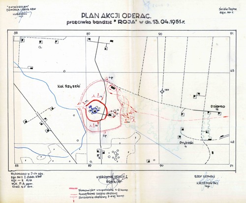 Oleat przedstawiający „Plan akcji operac.[yjnej] przeciwko bandzie »Roja« w dn. 13.04.1951 r.”, przeprowadzonej przez żołnierzy I Brygady KBW (z zasobu IPN)