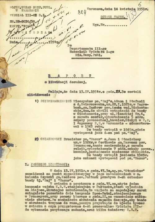 Raport o likwidacji doraźnej dotyczący śmierci Mieczysława Dziemieszkiewicza Bronisława Gniazdowskiego, złożony przez kapitana Eugeniusza Głowackiego