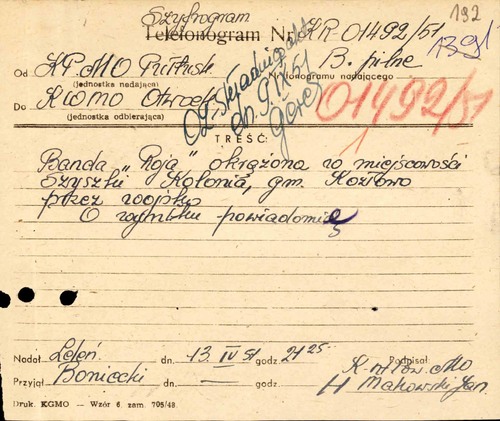 Szyfrogram informujący KWMO w Otwocku o okrążeniu bandy Roja we wsi Szyszki – Kolonia gmina Kozłowo, nadany 13 kwietnia 1951 roku